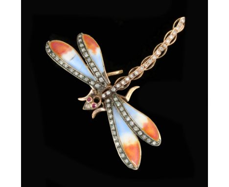 "A Russian Diamond and Enamel Dragonfly Brooch millegrain-set eight-cut diamonds to body and wings above three coloured ename