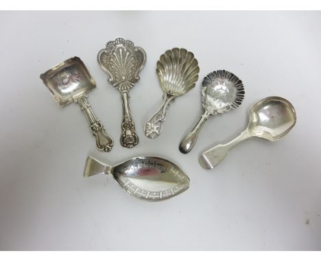 "Six early silver Caddy Spoons of various designs, all Birmingham hallmarks, some A/F"