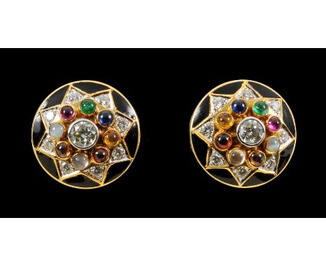 "Pair Gem set and Enamel Earrings each rub-over set brilliant-cut diamond within a frame of eight cabochons including emerald