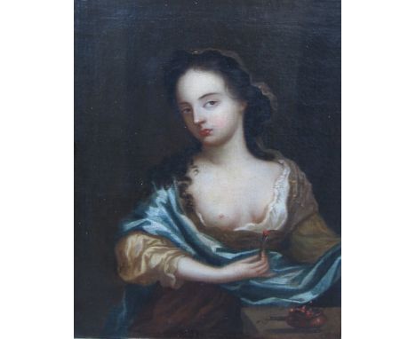 "FOLLOWER OF PHILIP MERCIER (1689-1760)Portrait of a Lady, half-length, wearing a brown dress and blue wrapoil on canvas13 1/