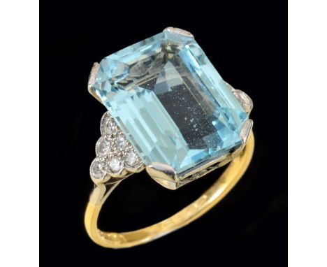 "An Aquamarine and Diamond Ring corner claw-set step-cut aquamarine approx 8cts between twelve millegrain-set eight-cut diamo