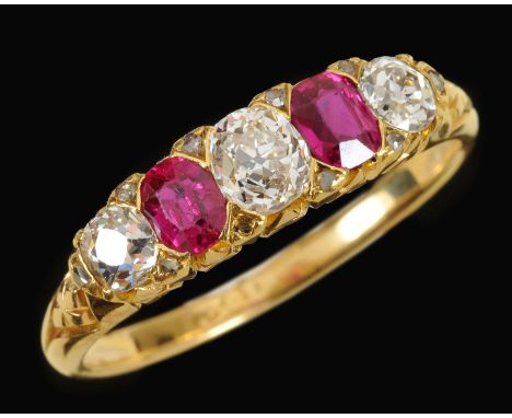 "A Diamond and Ruby five stone Ring pavé-set three graduated old-cut diamonds interspersed with two oval-cut rubies, stamped 