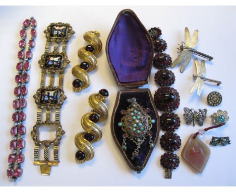 "An ornate gilt metal Locket set turquoise and amethyst, paste set Butterfly Brooch, two small Brooches, riviere Necklace set