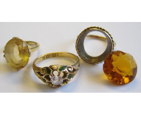 "A Citrine Dress Ring, claw-set large oval-cut stones, stamped 18ct, ring size F 1/2, a Victorian Diamond Ring claw-set old-c