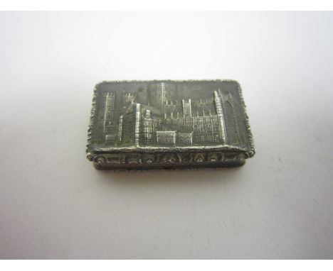 "A Victorian silver Vinaigrette with York Minster to lid, engine turned and initials to reverse, floral scroll pierced gilt g