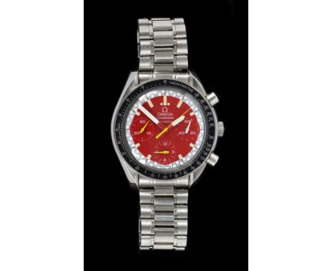 "An Omega stainless steel automatic chronograph Gentleman’s Speedmaster bracelet Watch, the red dial with hourly applied mark