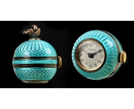 "A Garrard spherical Pendant Watch, the champagne dial with arabic numerals in turquoise blue enamel case in original box"