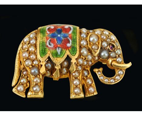 "An Elephant Brooch set seed pearls with enamel saddle and pink cabochon eye, 18mm x 28mm"