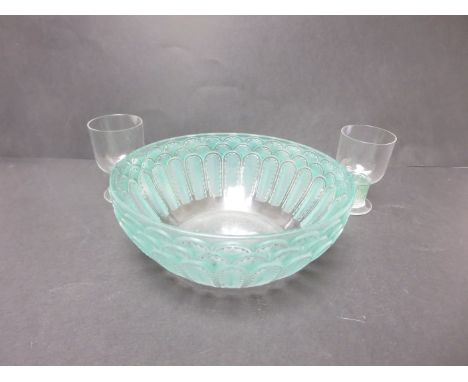 "A Lalique green frosted glass Bowl  Jaffa  pattern, 6 1/4in, stencilled R LALIQUE, and a pair of green frosted Spirit Tots w