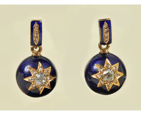 Pair blue Enamel and Diamond Earrings each suspending enamel globe pavé-set old-cut diamond in star frame set rose-cut stones