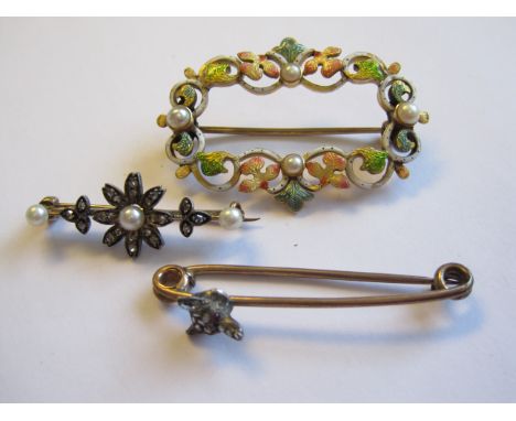 "A Fox Mask Bar Brooch set rose-cut diamonds and ruby eyes, a Diamond and Seed Pearl Brooch and an Enamel and Seed Pearl Broo