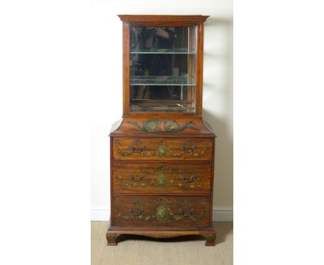 "A 19th Century style mahogany Cabinet on Chest of pagoda form painted floral swags, ribbon and musical trophies, etc, dentil