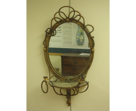 "A 19th Century gilt Girandole Mirror, oval plate with rope twist mount, two candle sconces to the shelf, tassel below, 35in 