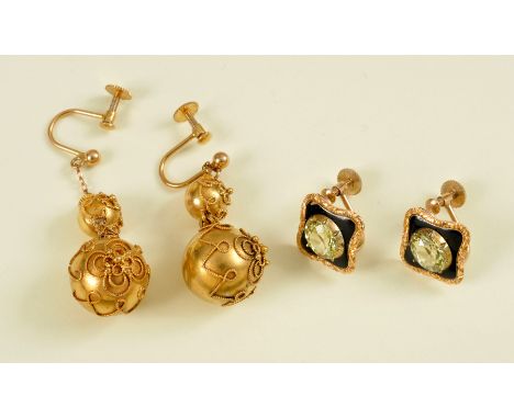 A pair gold Ear Pendants and pair of Peridot and Enamel Earrings both on screw fittings stamped 9ct