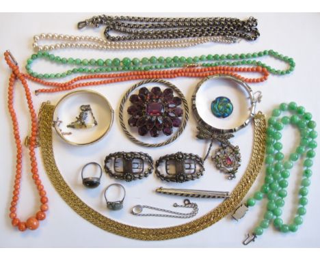 "A silver simulated Bamboo hinged Bangle, a graduated Jade Bead Necklace, a graduated Coral Bead Necklace, a silver Watch Alb