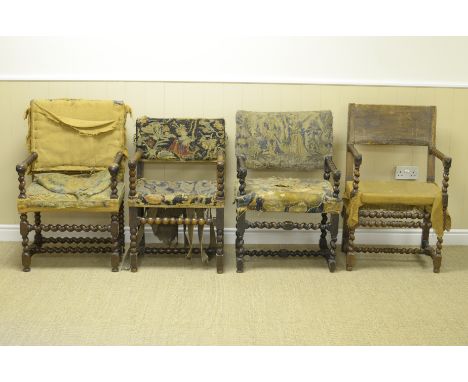 "Four late 17th Century Elbow Chairs in walnut, oak etc with remnants of woolwork upholstery on bobbin and spiral turned fram