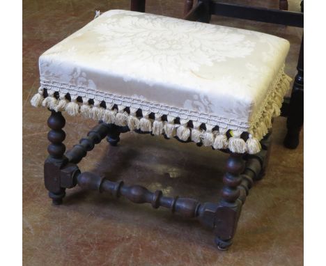 "An 18th Century oak Stool on bobbin turned supports and turned stretchers, 18in W x 16in H"
