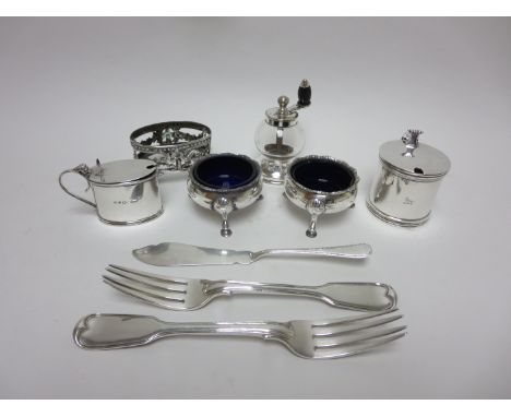 "Pair of George III silver Cauldron Salts on hoof feet, London 1773, maker: R Hennell, a drum Mustard Pot engraved crest, Lon