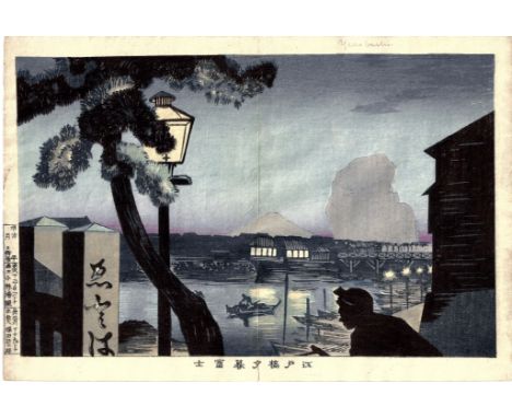 KOBAYASHI KIYOCHIKA, 1847-1915 MT. FUJI AT DUSK FROM EDO BRIDGE&nbsp;
WOODBLOCK PRINT
OBAN YOKO-E 9 3/4 BY 14 3/8 IN., 24.9 B