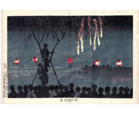 KOBAYASHI KIYOCHIKA, 1847-1915 FIREWORKS AT IKENOHATA
WOODBLOCK PRINT
OBAN YOKO-E 9 3/4 BY 14 3/8 IN., 24.9 BY 36.5 CM