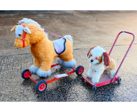 Two vintage unmarked children's push along toys, one of a Pony and one of a dog. Both have age and play wear appearing Fair o