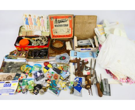 A mixed lot including tools, linen sheets, lever, and similar. Some boxed items. Tools include cork screw, spanners, screwdri