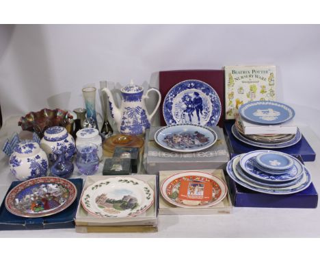 Wedgwood, Royal Doulton, Spode, Caithness, Royal Copenhagen - An assortment of coloured glassware, collector plates, and simi