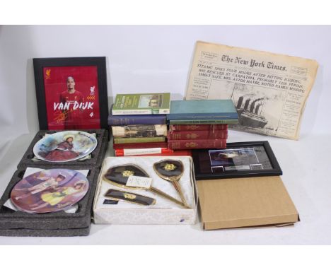 Lot to include a collection of vintage books including Alice In Wonderland, Jane Austen, Dictionary, and similar. A 1929 R.A.