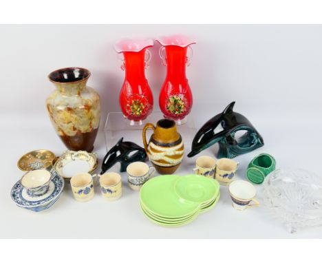 Mixed ceramics and glassware to include Poole Pottery dolphin figures, West German vase, demitasse coffee wares including Wed