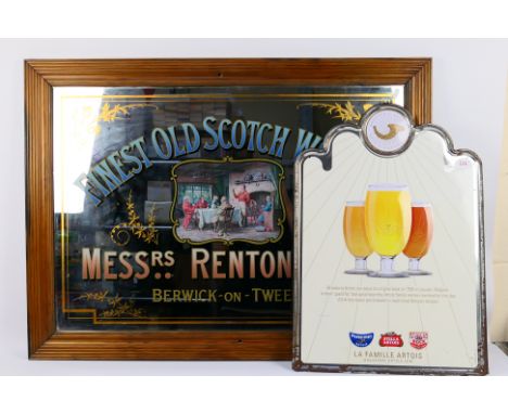A large advertising mirror, Finest Old Scotch Whisky, Messrs Renton & Coy Berwick-On-Tweed, approximately 73 cm x 99 cm and a