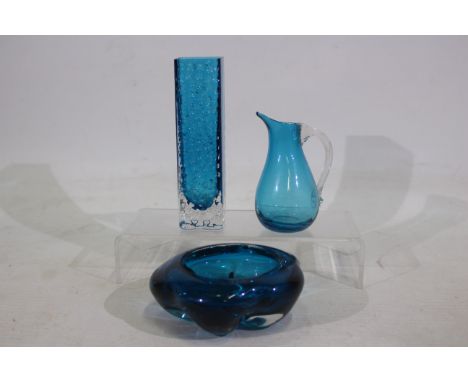  Whitefriars, Other - A Whitefriars Kingfisher blue 'Nailhead' vase. A presumed Whitefriars blue lobed bowl. A small blue gla