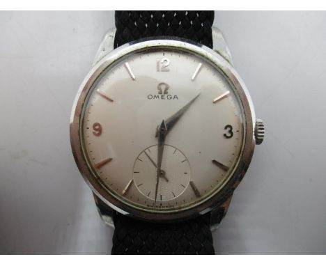 A Omega stainless steel gents manual wind wristwatch circa 1959. The dial having Arabic numerals, baton markers and subsidiar