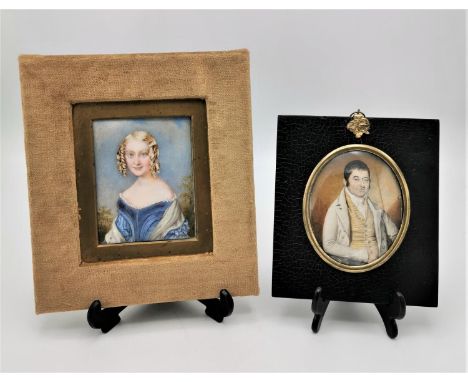 Two 19th century English miniature portraits on ivory, to include one depicting a young Victorian lady with blond ringlets, i