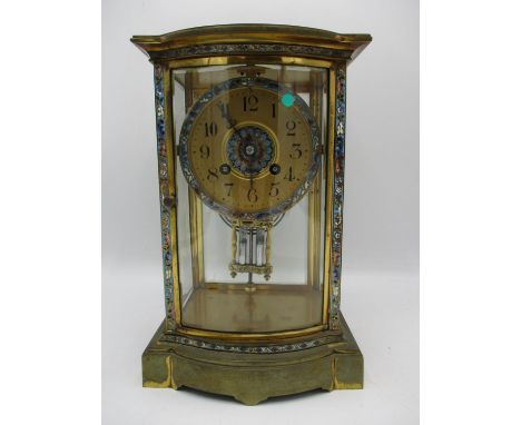 A Late 19th century French cloisonne and brass, four glass mantle clock having double mercury pendulum, two train French move