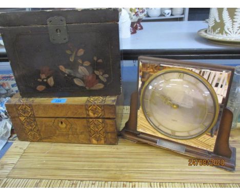An Oriental lacquered box A/F, an inlaid walnut writing slope, and a 1951 Smiths presentation mantel clock 