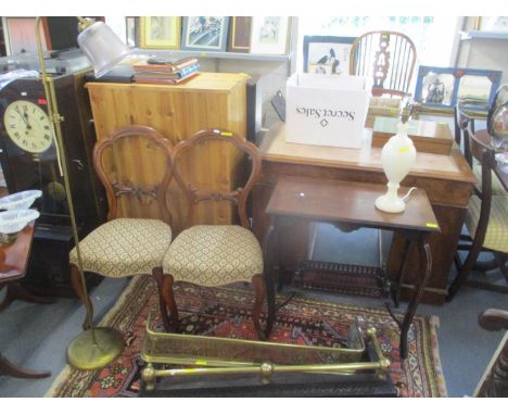 A mixed lot to include a late 19th century two tier table, two fire fenders, a standard lamp, mixed good quality lampshades, 