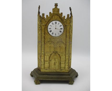 A George IV gilded ormolu watch holder fashioned as Neo Gothic style Cathedral style exterior, and enamelled face, 7 1/2"h, w