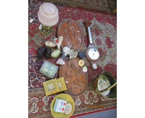 A reproduction banjo wall barometer, a pair of oval terracotta plaques, a brass coal bucket, a reproduction brass converted o