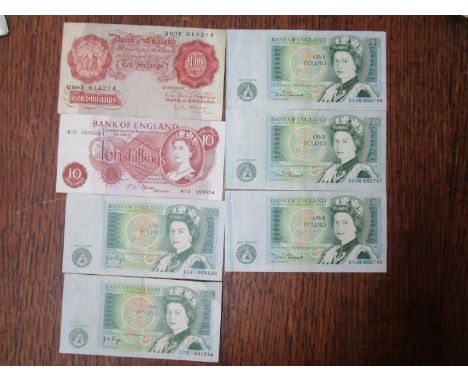 British bank notes to include an L K O'Brien ten shilling note U637614214, A J S Forde ten shilling note M73059524, two J B P