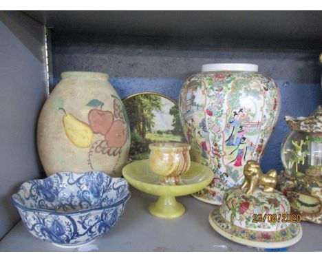 A collection of mixed ceramics to include a reproduction Cantonese ginger jar, having a famille vert design with pictorial pa