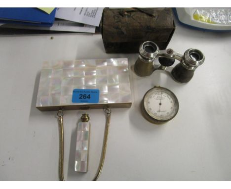 McElroy of Manchester compensated barometer with compass to the reverse, cased opera glasses and a compact 
