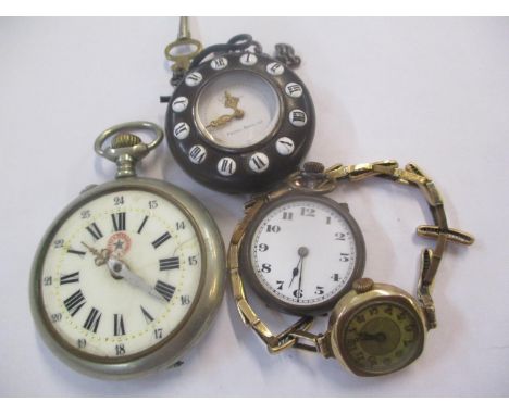 An early 20th century 9ct gold cased ladies wristwatch on a gold plated strap, together with three pocket watchesLocation: CA