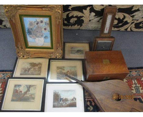F J Mann 19th century prints and others, early 20th century oak bellows, a vintage oak cased wall barometer and a Victorian m
