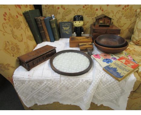 A mixed lot to include a Victorian Tunbridge ware weighted bobbin with a lead centre, a crocheted tablecloth, Homepride Fred,