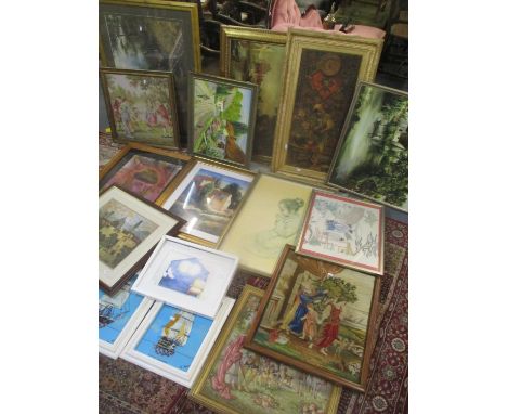 A mixed lot of pictures to include a tapestry, large print depicting a train and others 