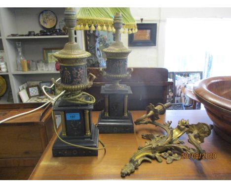 A pair of black slate table lamps with Greek figural frieze A/F, together with an early 20th century French gilt side light 