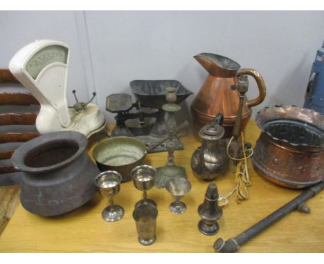 Metalware to include two scales, silver plated tableware, a copper jug and jardiniere 