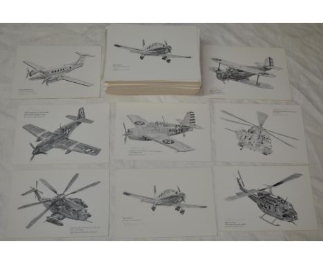 Collection of over 100 small pencil sketch prints of aircraft by Geoff Pleasance from World War II through to modern times, j
