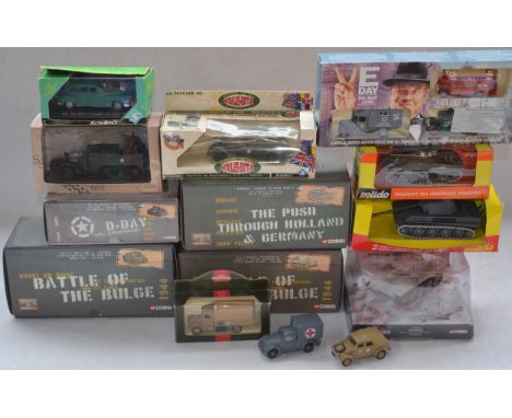 Collection of Corgi and Solido diecast military models to include 5 Corgi 1/48 tanks models (2 Tigers, 2 Shermans and a Panth