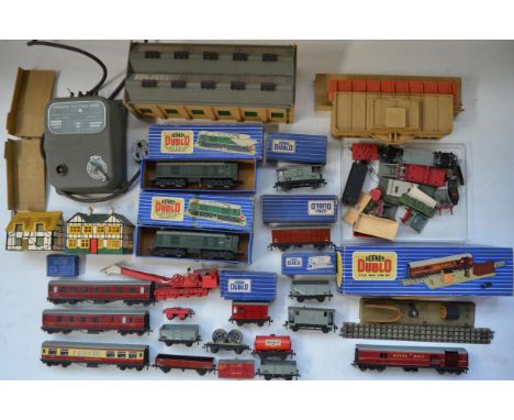 Collection of Hornby Dublo OO gauge wagons, coaches, accessories, track, Meccano A3 controller, station platform, engine shed